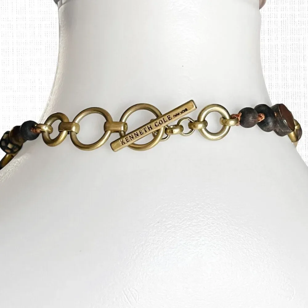 Kenneth Cole Necklace Carved Wood Bead Mother of Pearl Tribal Brown Gold Tone